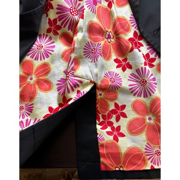 Context Trench Coat Womens M Belted Double Breasted Floral Lining Blk Retro Chic - Picture 7 of 13